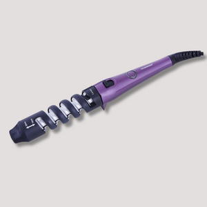 Purple automatic hair curler with spiral barrel, shown ready for easy curl styling at home
