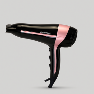 Black hair dryer with rose gold accents and concentrator nozzle on a neutral background