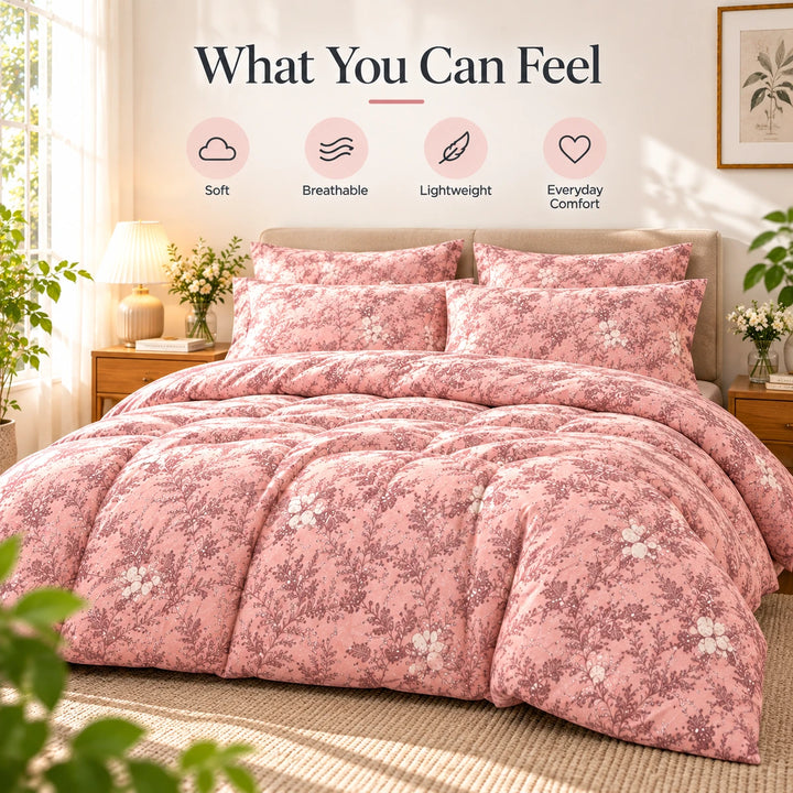 Light pink floral bedding set with detailed branches and leaf patterns
