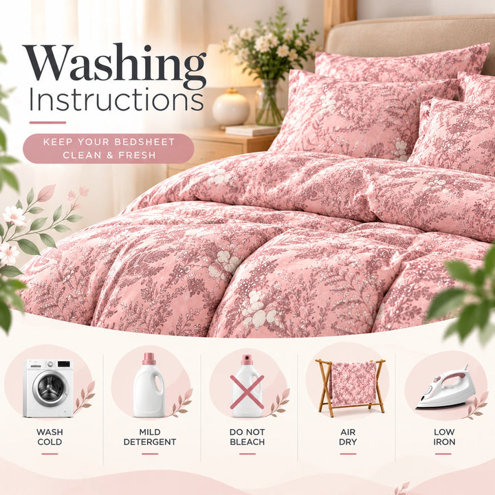 Pink botanical bedding set with grey pillows for elegant bedroom styling