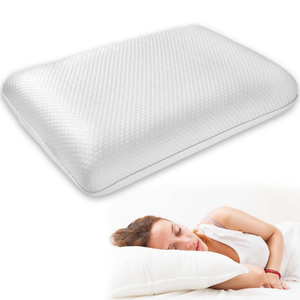 White memory foam pillow with textured breathable cover, shown ready for comfortable sleep