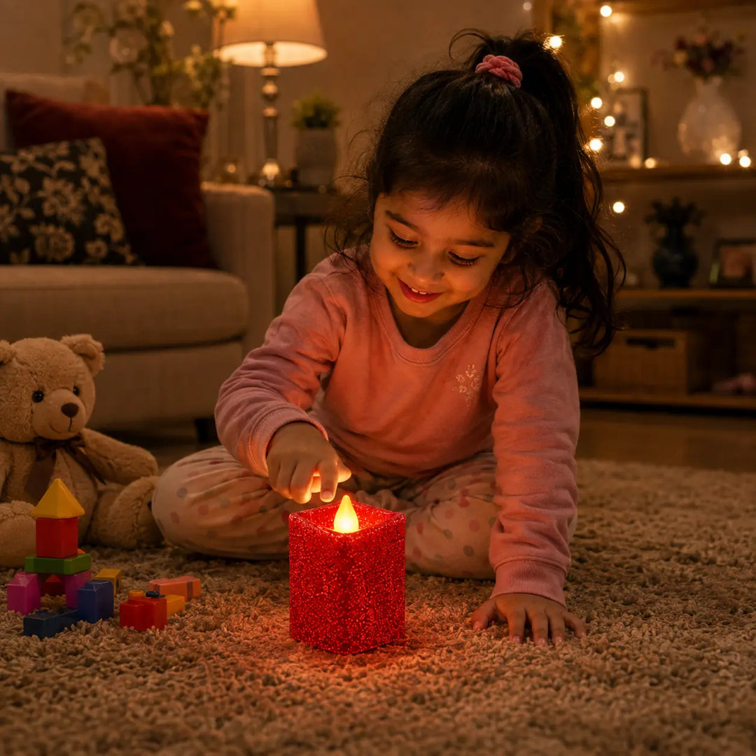 Red flameless LED candles glowing
