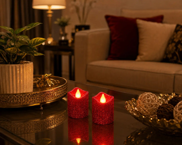 Red glitter flameless candles for decor