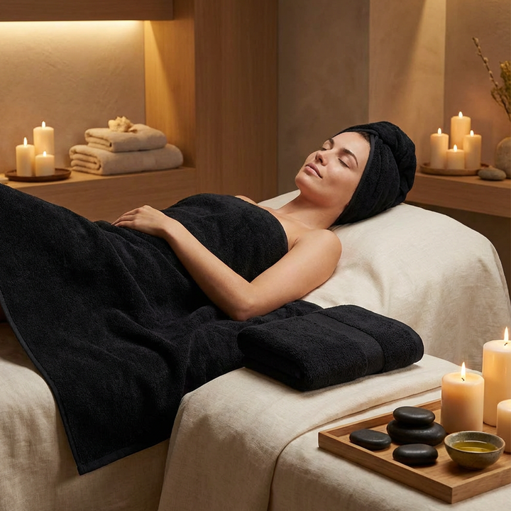 Folded black spa towel showing 600 GSM fabric thickness