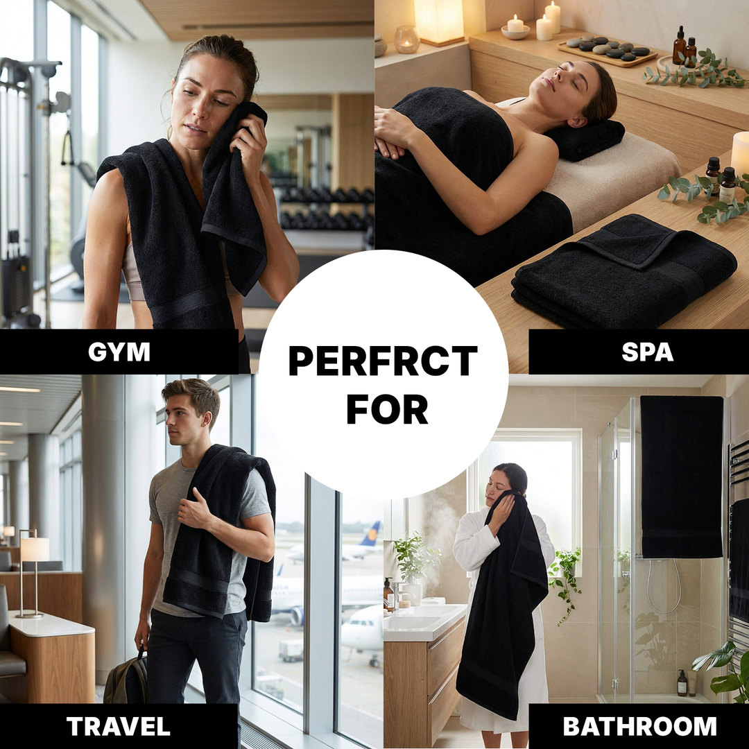 Black spa towel being used in various settings including gym, spa, travel, and bathroom.