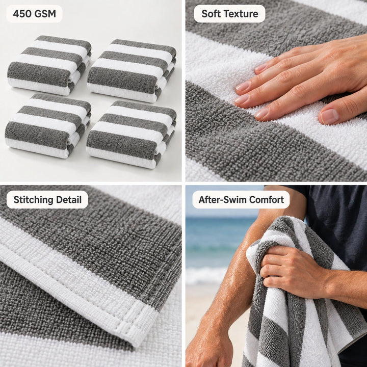 A four-panel collage showing a gray and white striped towel: four folded towels labeled 450 GSM, a close-up of soft texture with a hand touching it, a detail of the stitched edge, and a person on a beach holding the towel for after-swap comfort.