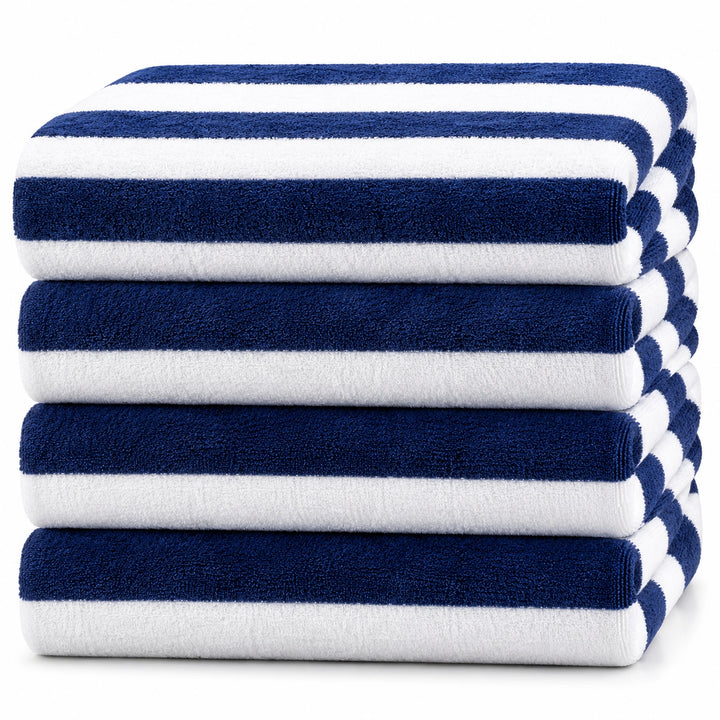 Navy blue and white striped bath towels