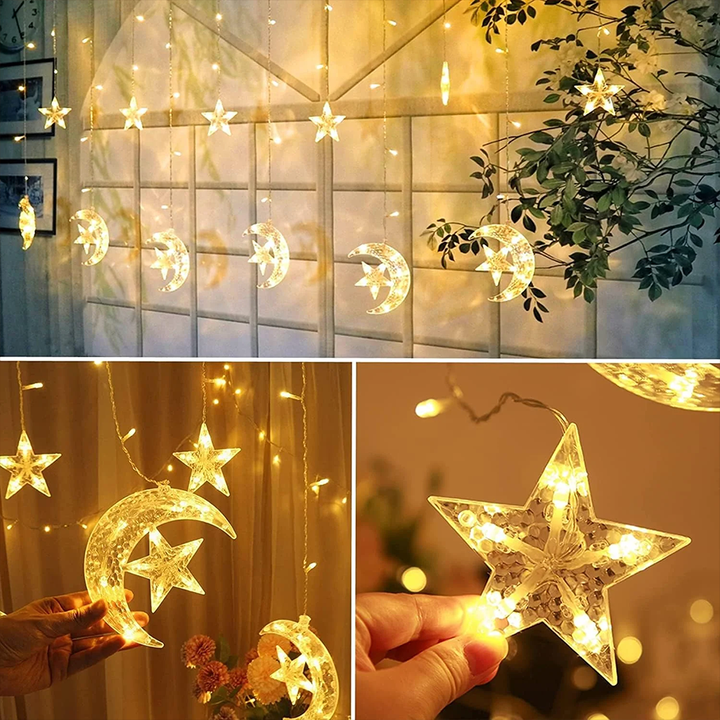 138 LED Moon & Star Curtain String Lights – 3.5M  Ramadan Decoration Light (Warm White)