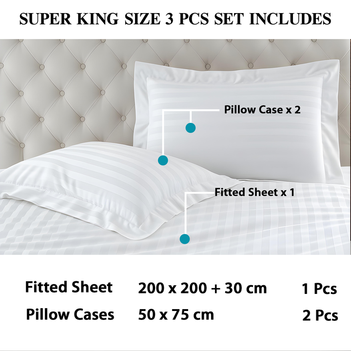 Hotel-style white bedding set with subtle stripe texture and matching pillows