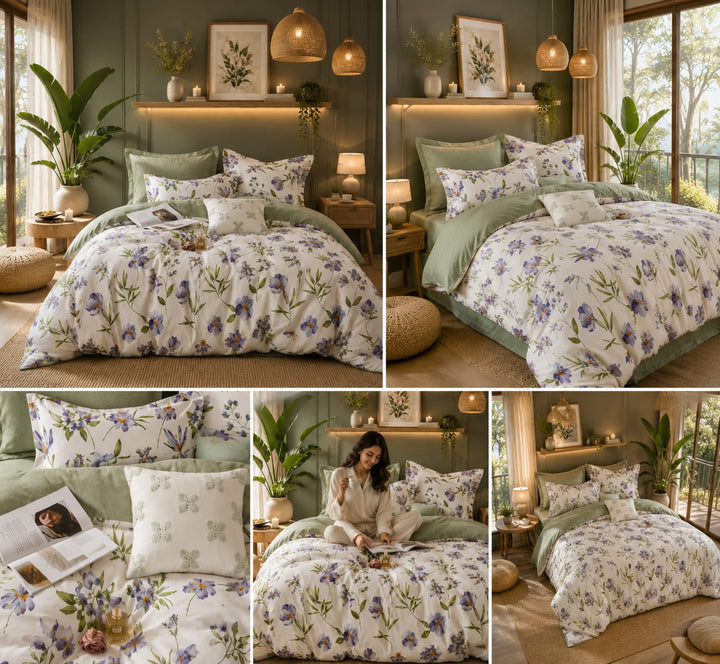 A five-panel collage showing a floral bedding set styled in a cozy bedroom setting. The set includes a duvet cover and matching pillowcases with a white background and a purple and green floral pattern, accented by sage green pillows.