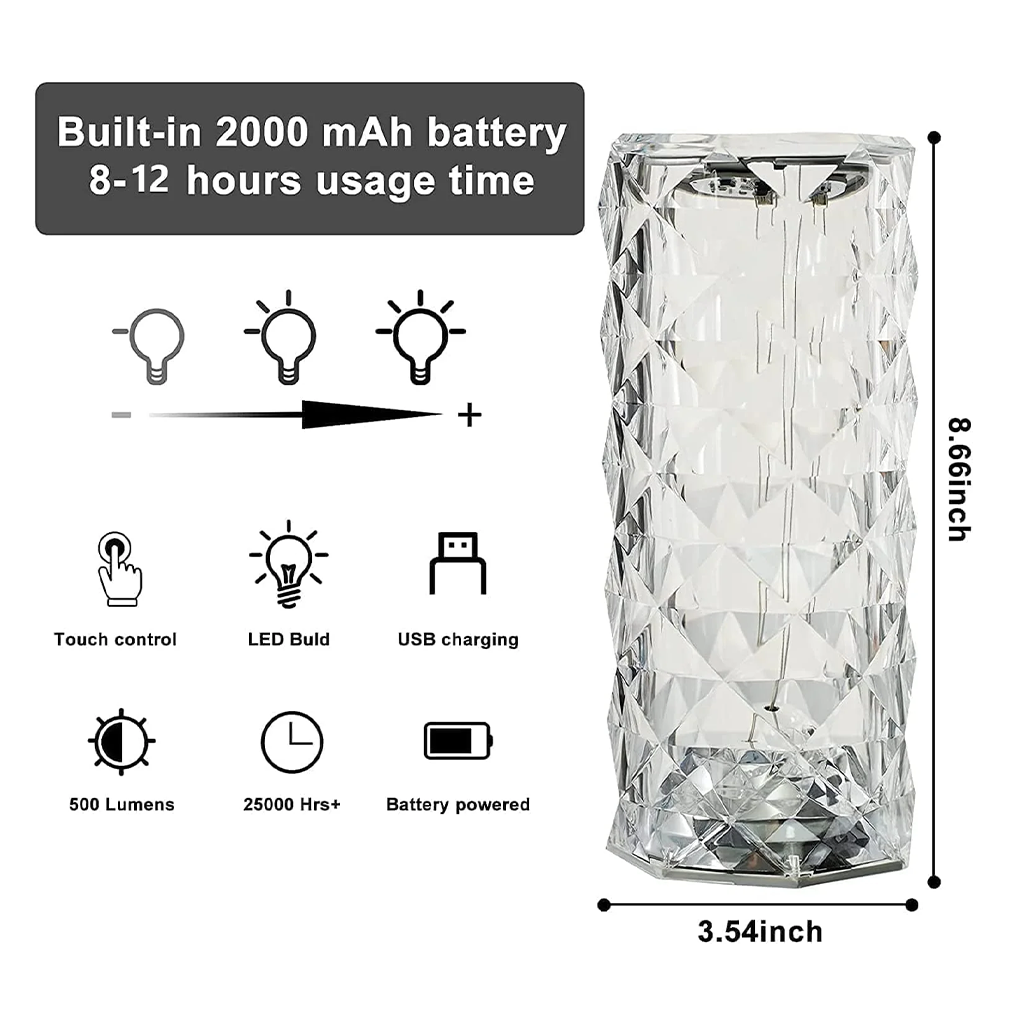 مصباح طاولة MOONCEE Crystal Lamp قابل لإعادة الشحن يعمل باللمس، 3 أوضاع ألوان مع منفذ USB-C