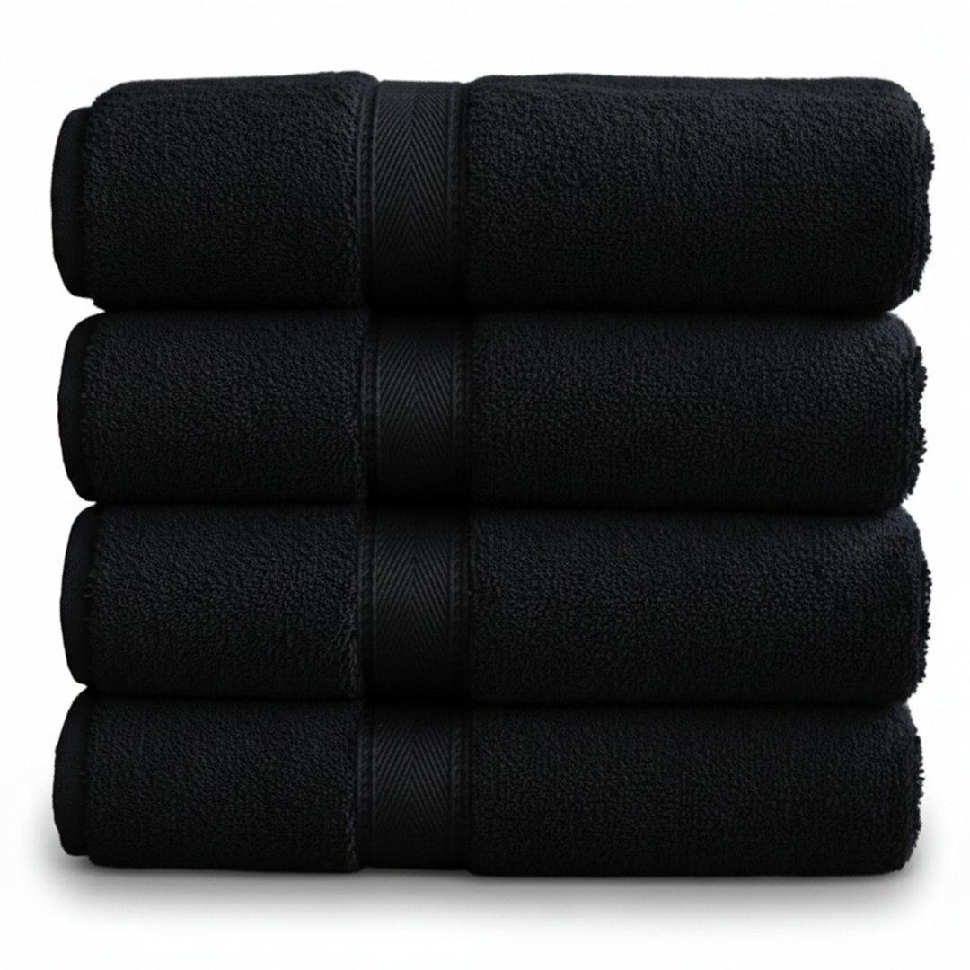 Black 600 GSM spa towels folded neatly in a stack