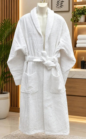 White Cotton Bathrobe with Shawl Collar, Soft Spa Robe for Men & Women at Home