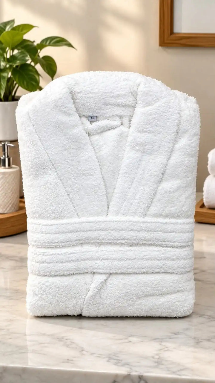 White Cotton Bathrobe with Shawl Collar, Soft Spa Robe for Men &amp; Women at Home