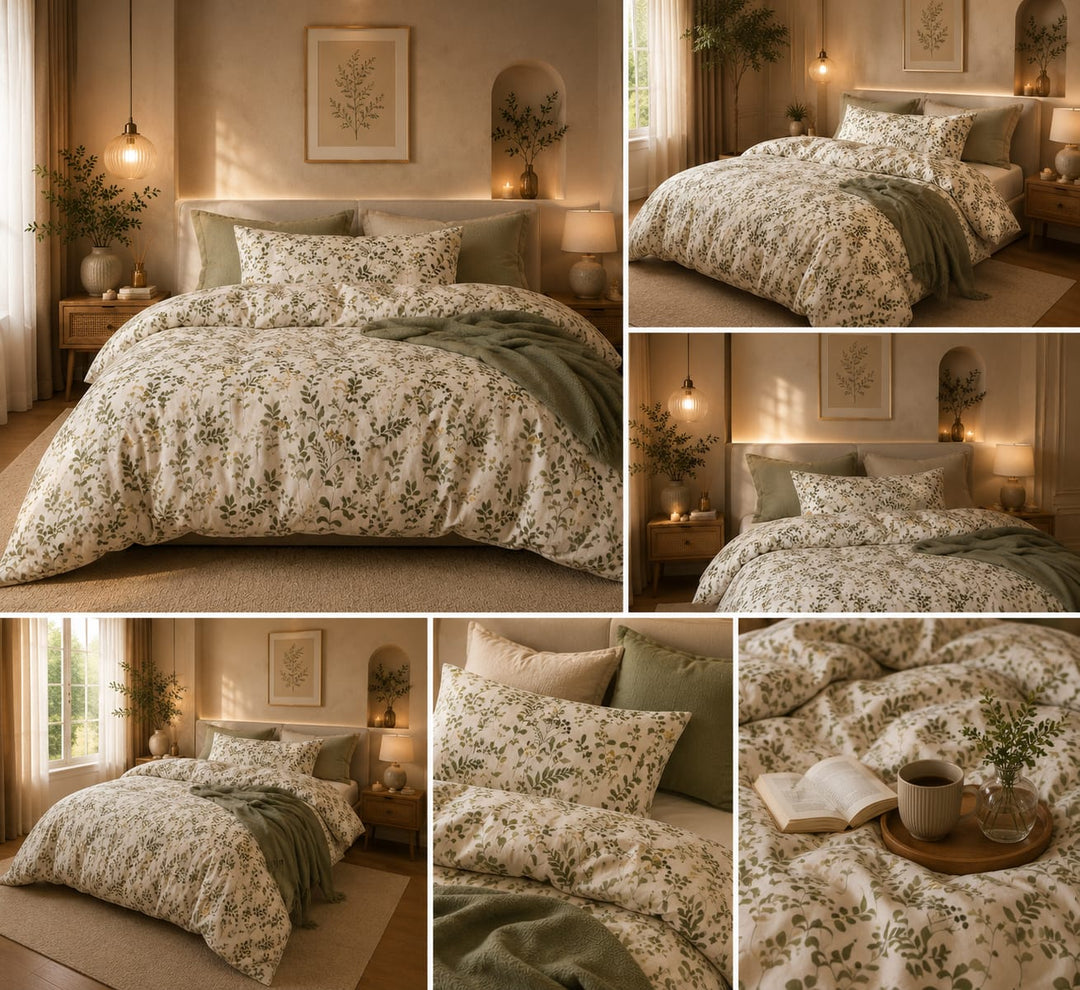 6PCs King Size Botanical Floral Bedding Set with Duvet Cover Fitted Sheet &amp; Pillowcases (6FS192)