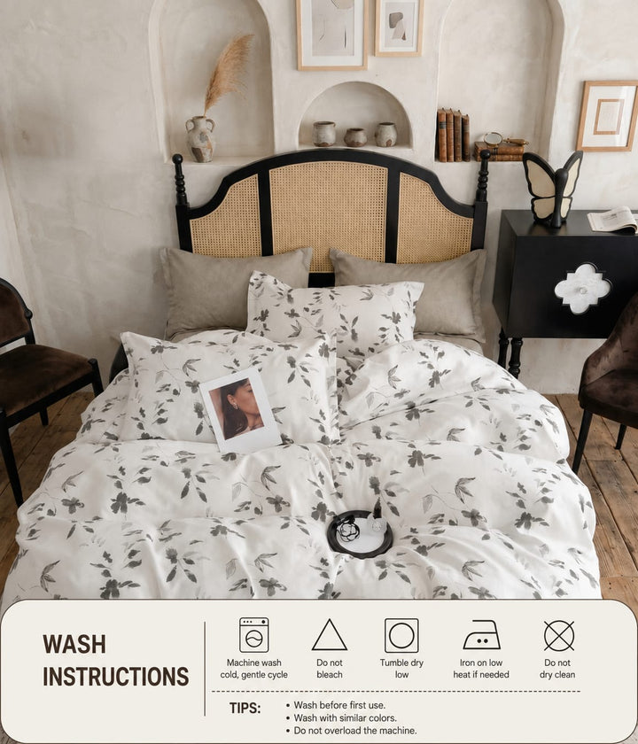 6PCs King Size Minimalist Leaf Bed Set with Duvet Cover Fitted Sheet &amp; Pillowcases (6FS194)