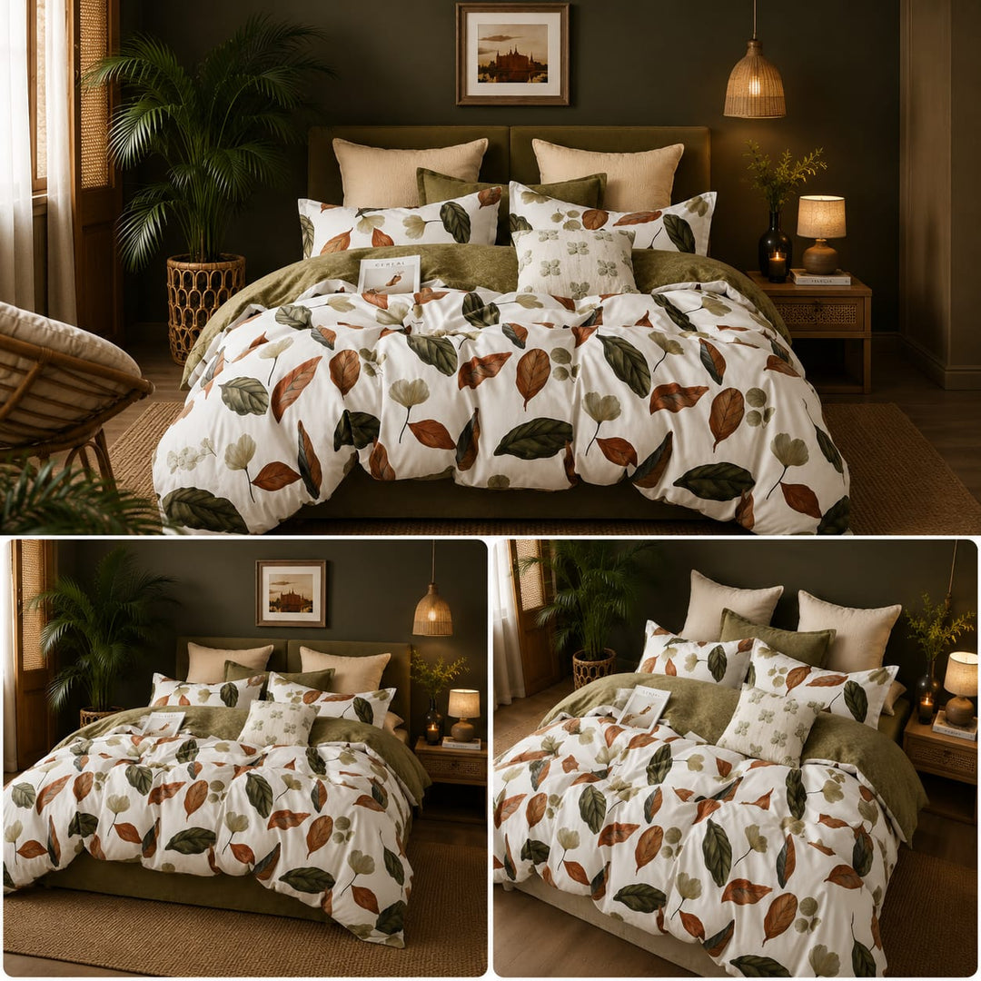 6 PCs King Size Tropical Leaf Bedding Set with Duvet Cover Fitted Sheet &amp; Pillowcases (6FS199)