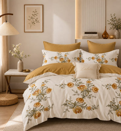 6 PCs King Size Sunflower Sateen Duvet Cover Fitted Sheet & Pillowcases Set (6FS200)