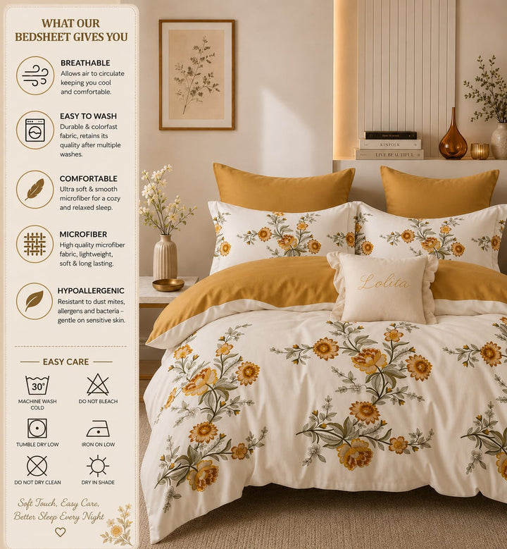 6 PCs King Size Sunflower Sateen Duvet Cover Fitted Sheet &amp; Pillowcases Set (6FS200)