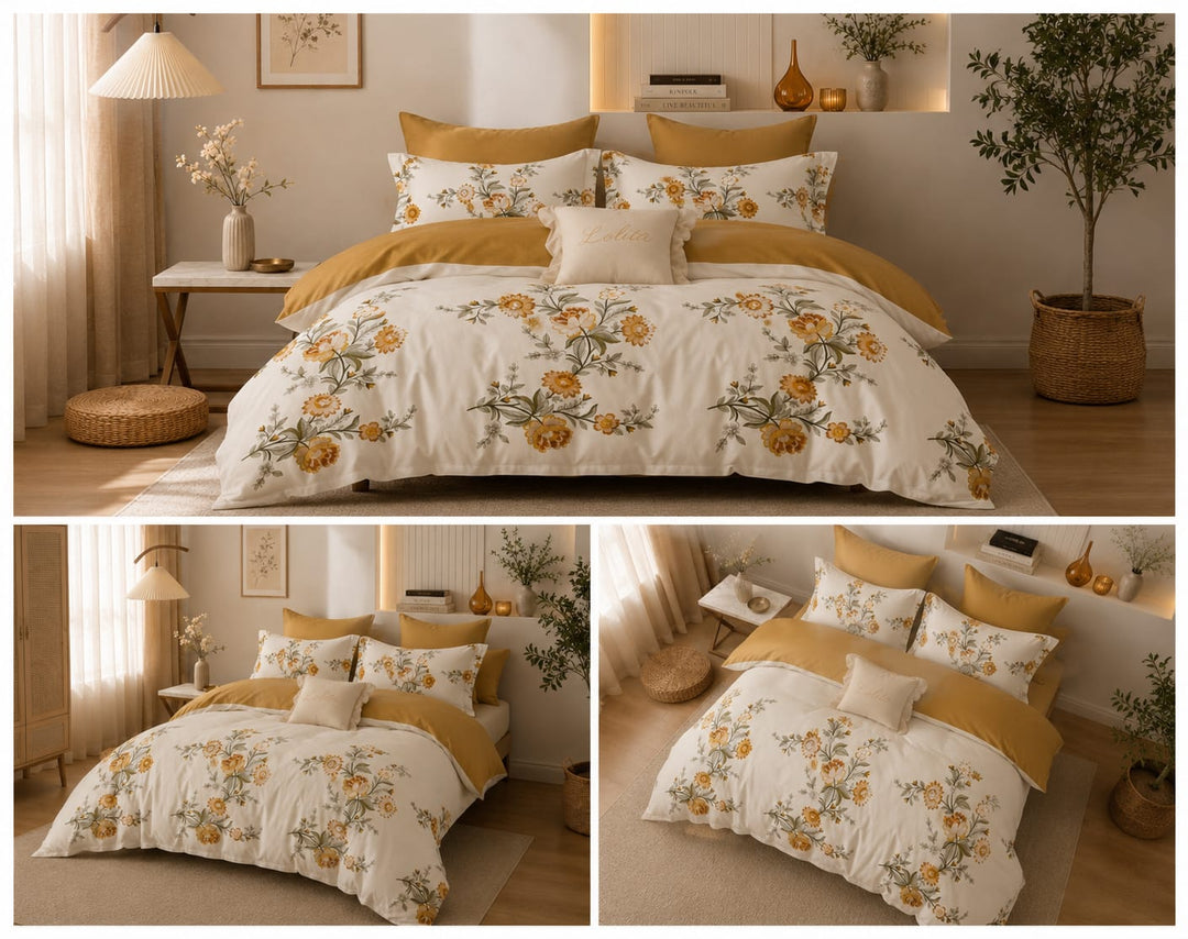 6 PCs King Size Sunflower Sateen Duvet Cover Fitted Sheet &amp; Pillowcases Set (6FS200)