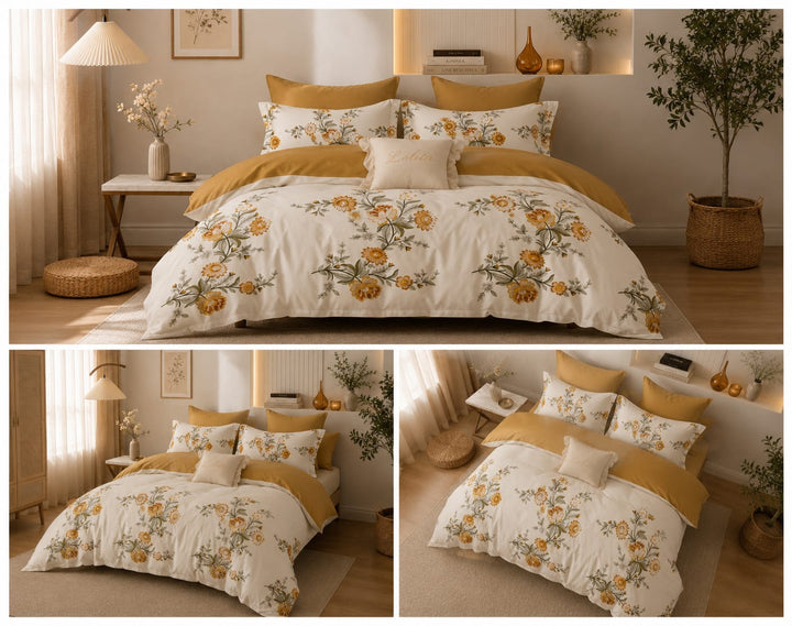 6 PCs King Size Sunflower Sateen Duvet Cover Fitted Sheet &amp; Pillowcases Set (6FS200)