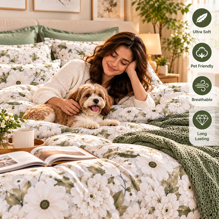 Floral king size duvet cover set styled with matching decorative pillows