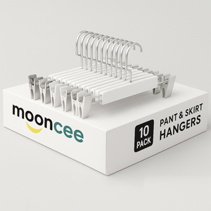 Wardrobe hanger clips with white grips and metal hooks, designed for neat storage