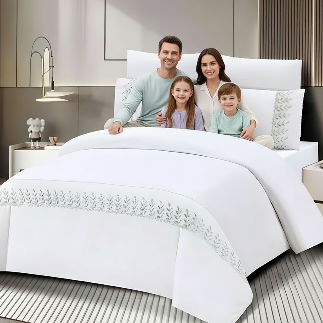 King Bed Set - Luxury Pattern Border Bedding 6 PCs Set for Comfort and Style (White Green)