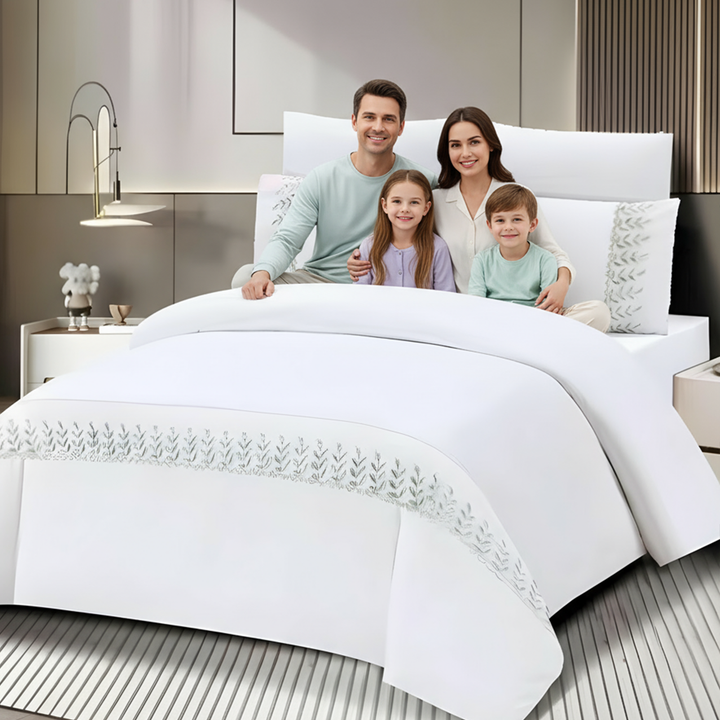 King Bed Set - Luxury Pattern Border Bedding 6 PCs Set for Comfort and Style (White Green)