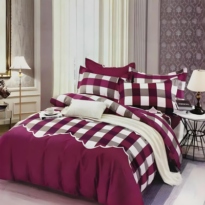 Maroon and white checkered bedsheet set with matching pillow covers