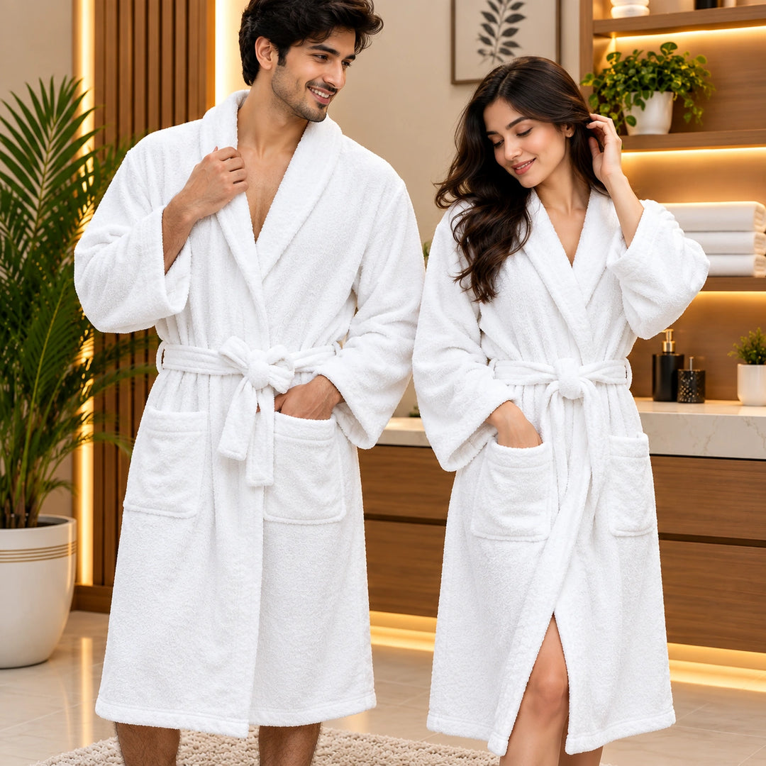 White Cotton Bathrobe with Shawl Collar, Soft Spa Robe for Men &amp; Women at Home