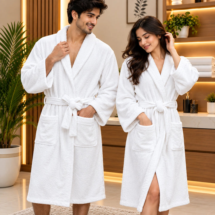 White Cotton Bathrobe with Shawl Collar, Soft Spa Robe for Men &amp; Women at Home