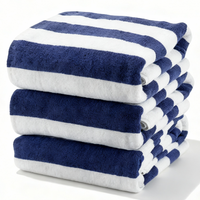 Set of folded navy and white striped cotton bath towels stacked neatly