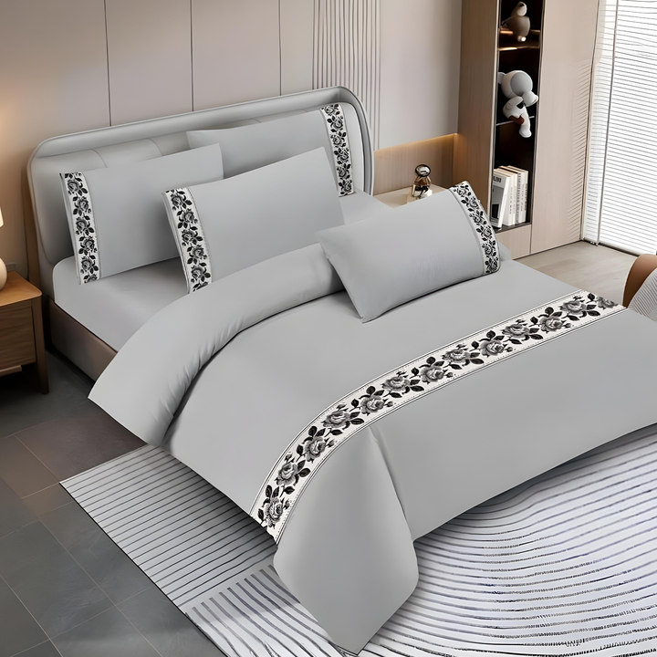 Pattern Border Bed Bedsheet – King Size Cotton Fitted Sheet, Duvet & Pillowcases (6TQ08)
