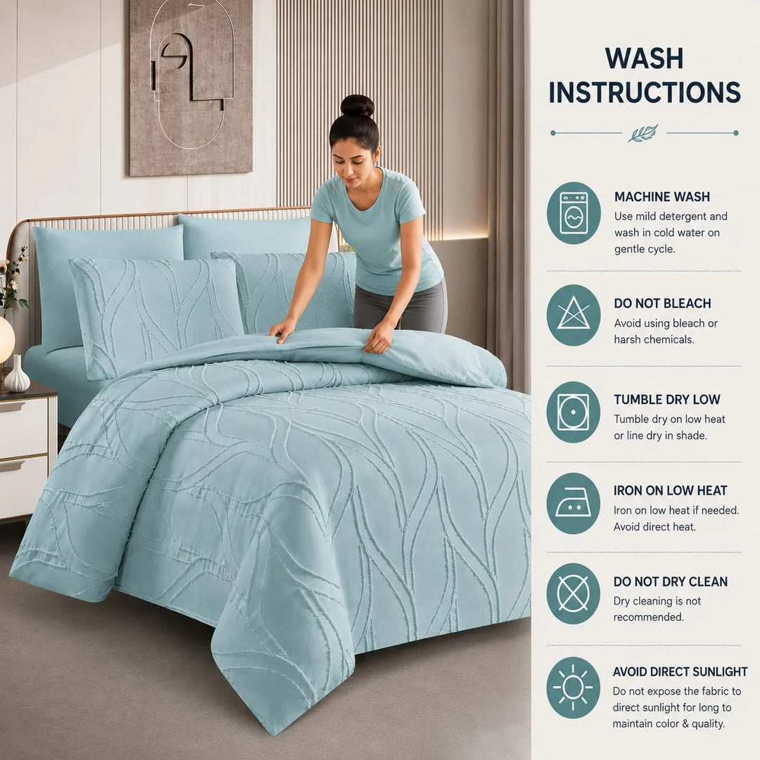 A woman arranges a light blue quilted bed sheet duvet
on a bed in a modern bedroom, with a vertical instructions panel on the right detailing wash and care directions.
