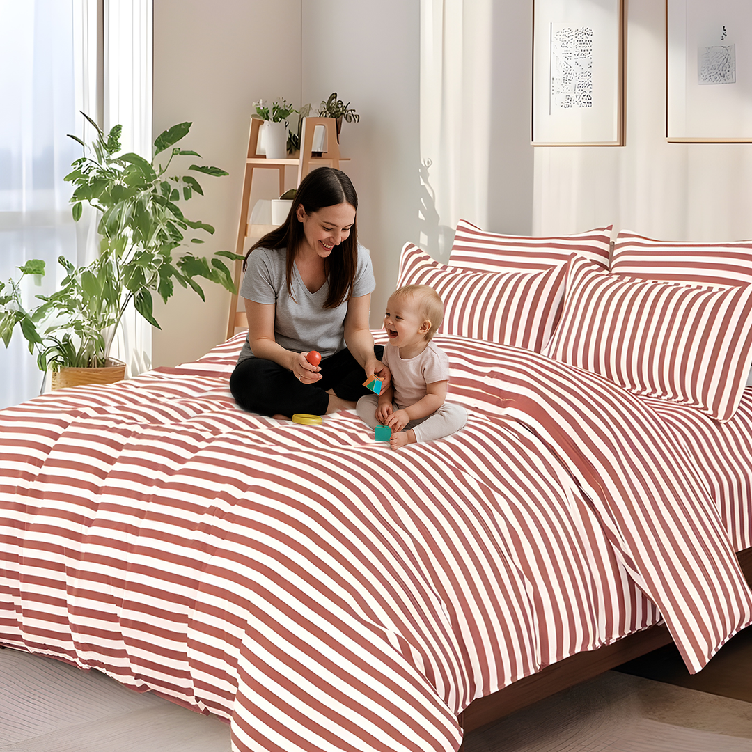 King Size Bed Sheet Set with Duvet Cover 220x240, 6 PCs High Cotton Blend (Reddish Brown)