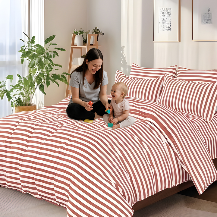 King Size Bed Sheet Set with Duvet Cover 220x240, 6 PCs High Cotton Blend (Reddish Brown)
