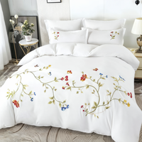 White bedding set with floral embroidery in a bedroom setting