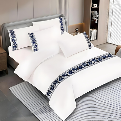 Border Design King Bed Bedding Set 6 PCs - Fitted Sheet, Duvet Cover & Pillowcases (White)