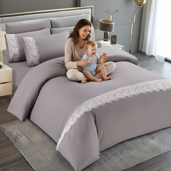 King Size Cotton Blend Grey Bedding Sets – 6 Pcs Duvet, Fitted Sheet & Pillow Covers ( grey)