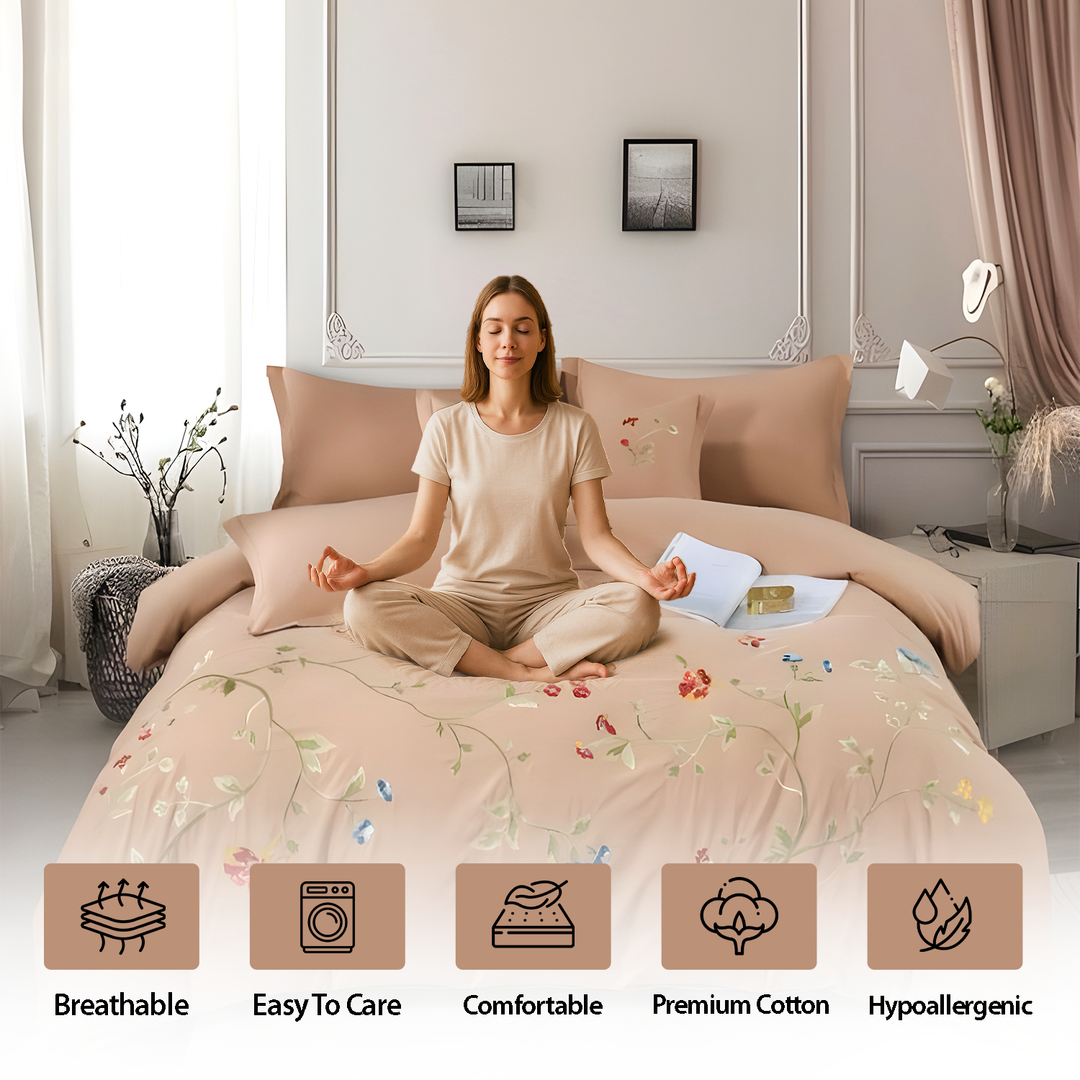 Embroidered Floral King Bedding Set with Duvet Cover, Fitted Sheet & Pillow Covers (6ES45)