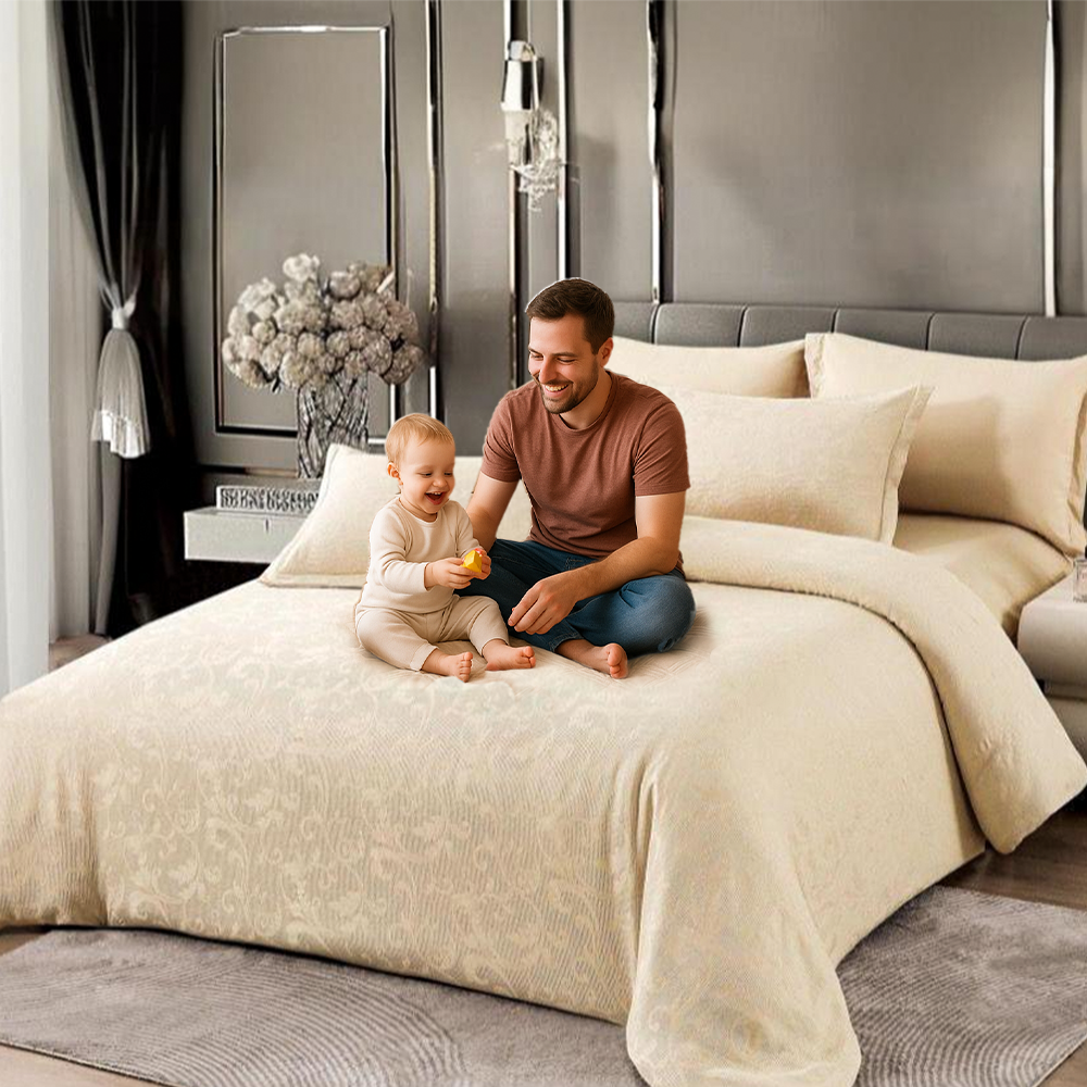 Elegant Beige Jacquard Bedding Set 6 PCs - Duvet and Pillowcases Bedroom Decor (6FM68)