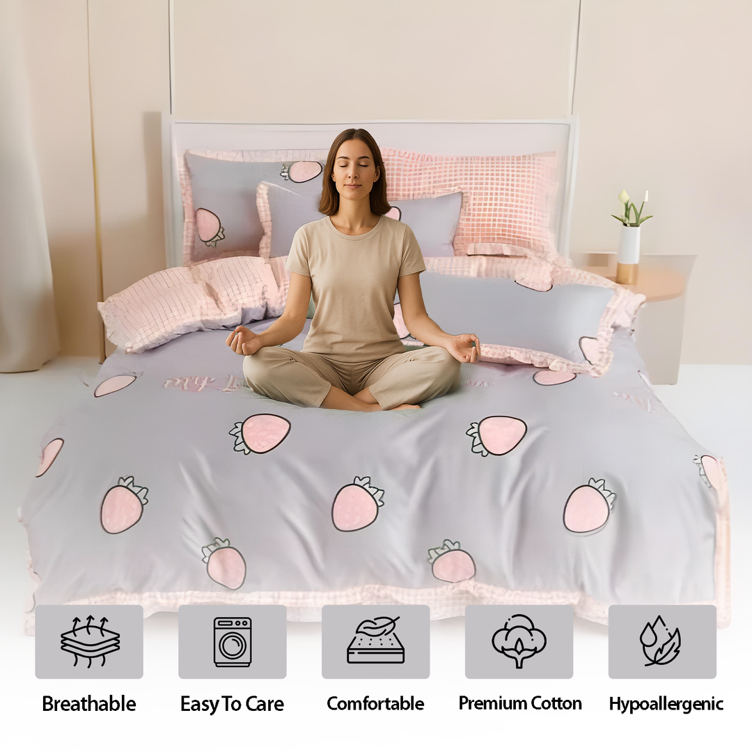 King Size Printed Linen Bedding Set 6 Pcs - Duvet Cover, Fitted Sheet & Pillowcases (6TQ02)
