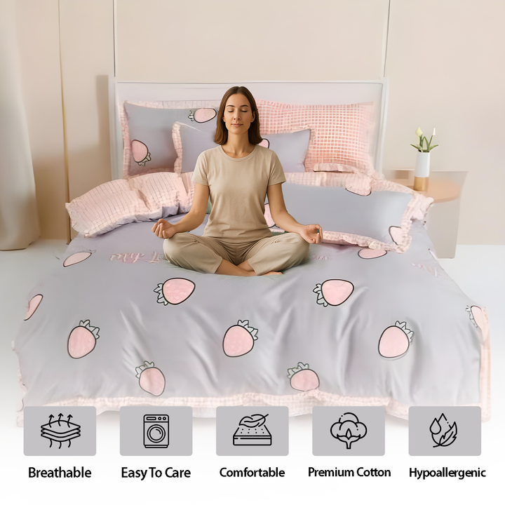 King Size Printed Linen Bedding Set 6 Pcs - Duvet Cover, Fitted Sheet & Pillowcases (6TQ02)