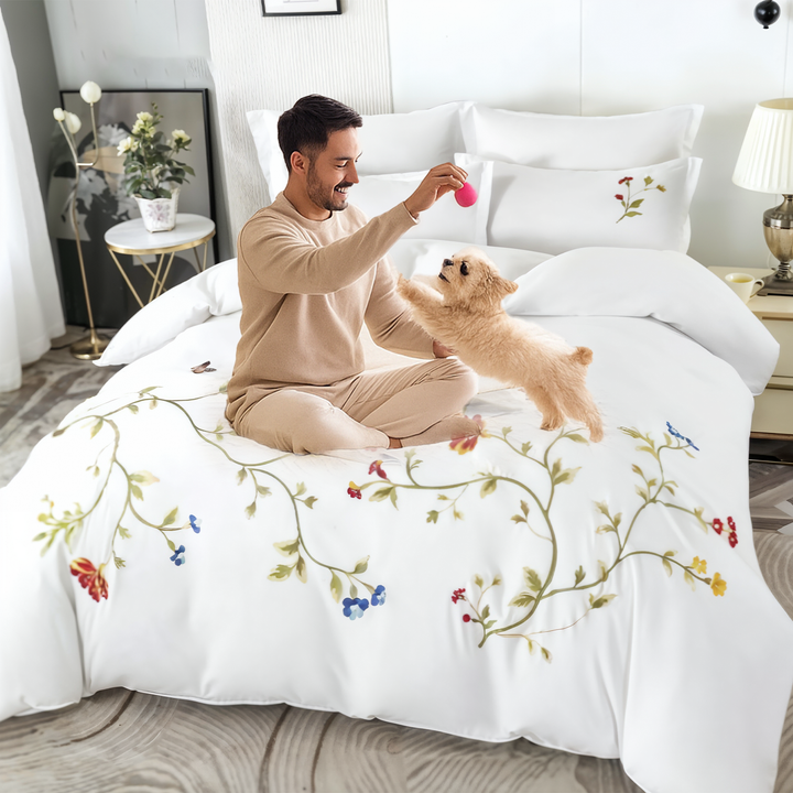 Embroidered 6 PCs King Size Cotton Bed Set with Duvet Cover, Fitted Sheet 200*200(6ES40)