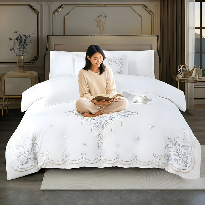 Embroidered 6 PCs King Bedding Set with Duvet Cover, Fitted Sheet & Pillowcases (6ES39)