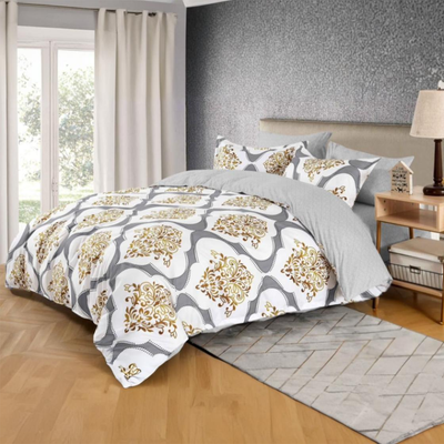 Grey and white patterned bedding set including bedsheet, duvet cover, fitted sheet, and pillowcases