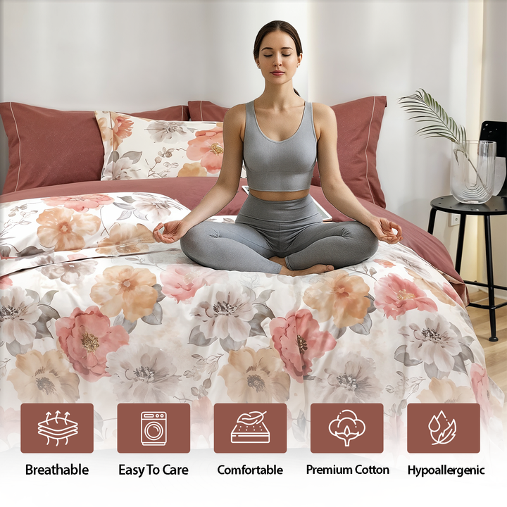 King Size 6 PCs Floral Bedding Set with 220x240 Duvet, Fitted Sheet & 4 Pillowcases(6FS110)
