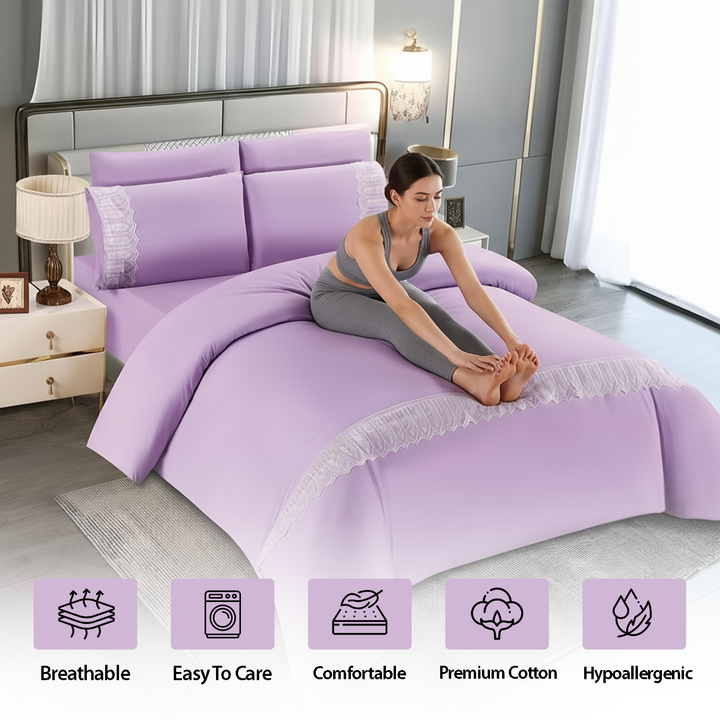 Luxury King Size Bedding Set – 6 Pcs Cotton Blend Duvet Cover with Lace Design (Lavender)