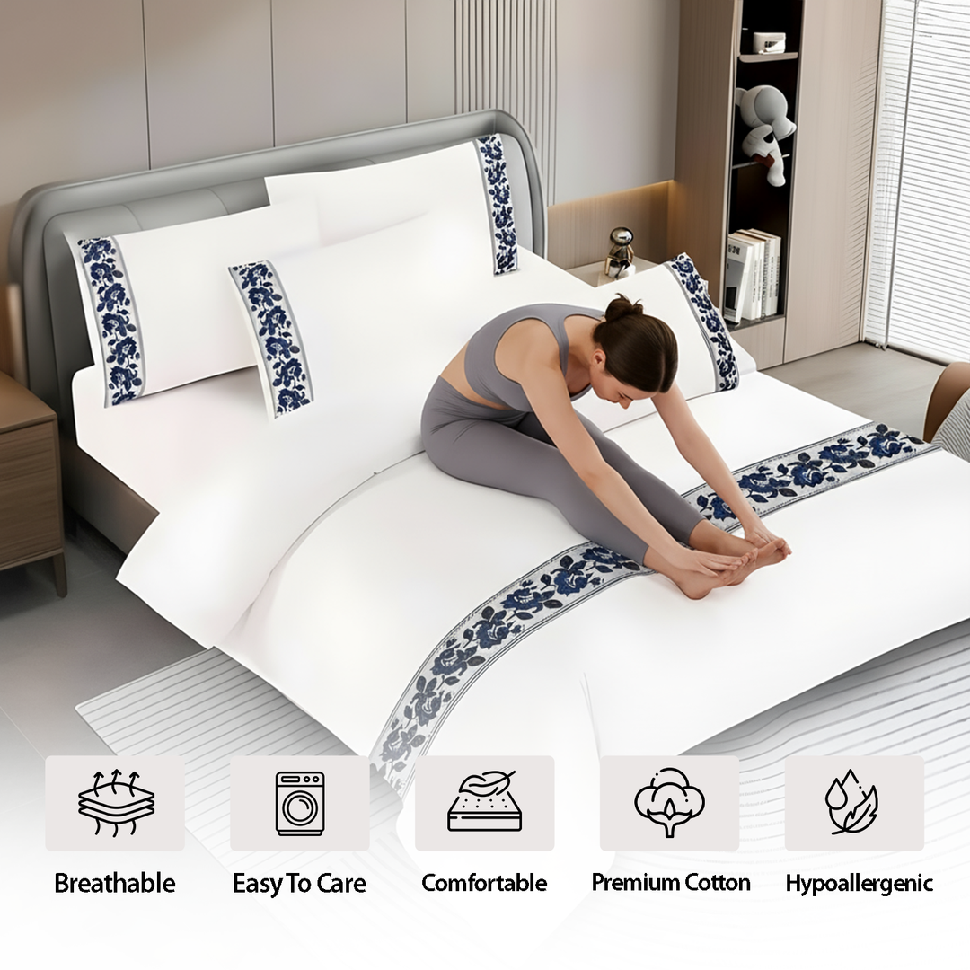 Border Design King Bed Bedding Set 6 PCs - Fitted Sheet, Duvet Cover & Pillowcases (6TQ10)